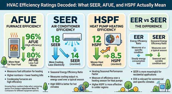 HVAC Efficiency Ratings | Gardens with Wings Infographic comparing HVAC efficiency: AFUE, SEER, and HSPF with percentages and icons.