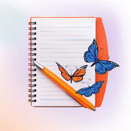 Orange cover notebook with pen and three butterflies