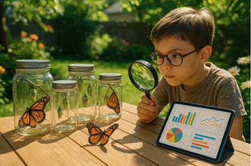Boy with a magnifying glass studying monarch butterflies in glass jars on a wooden table outdoors.