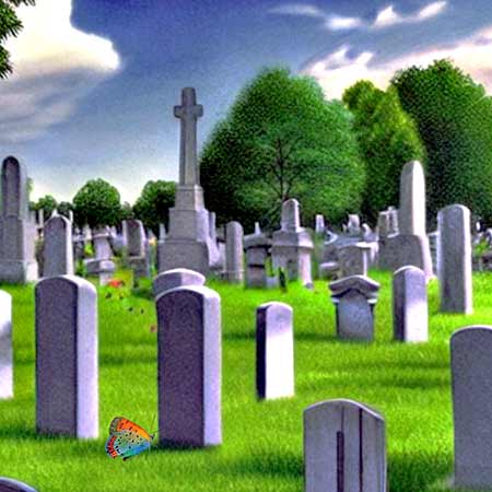 tombstones in cemetery with small butterfly surrounded by trees