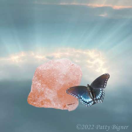 Black butterfly in front of rose quartz in the sky with sunrays shining behind