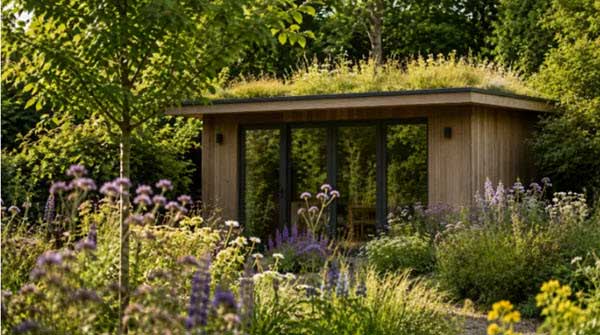 garden shelter | Gardens with Wings Small wooden garden shed with glass doors surrounded by lush flowering plants.