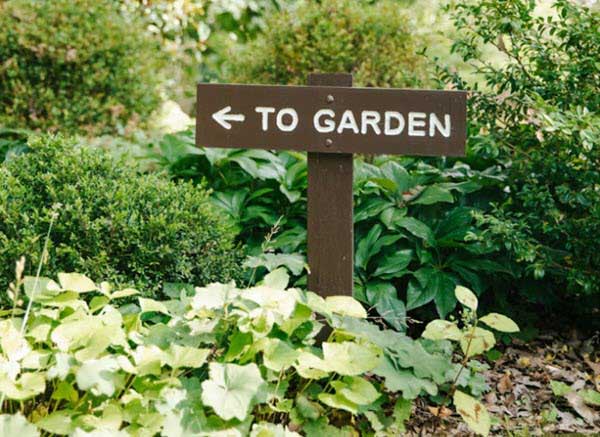 Brown wooden sign reading'TO GARDEN' with a left-pointing arrow, surrounded by lush green plants.