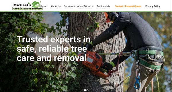 michael tree service | Gardens with Wings Arborist cutting a large tree with a chainsaw; overlay text reads'Trusted experts in safe, reliable tree care and removal'.