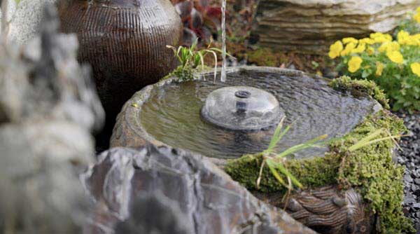 pot fountain | Gardens with Wings Circular stone fountain with a small water spout filling a mossy basin, surrounded by rocks and yellow flowers in the background.