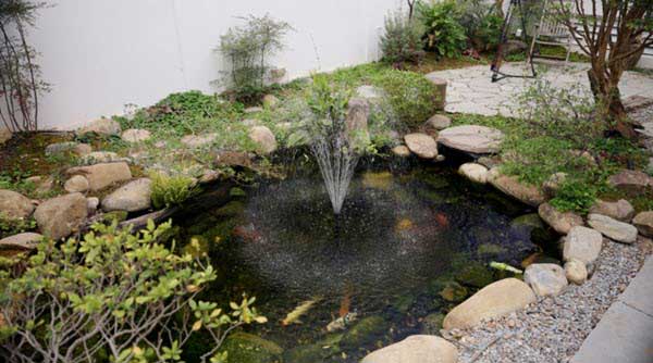 small ground fountain | Gardens with Wings Backyard koi pond with a central fountain, edged by rocks and lush plants around it.