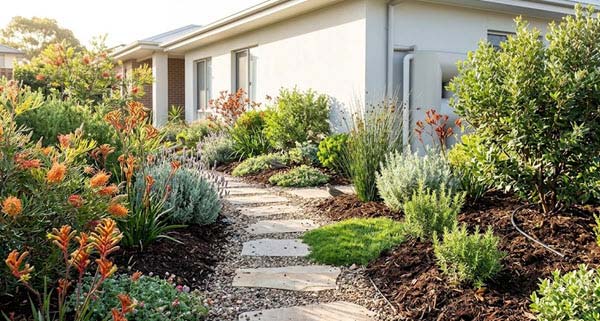 sustainable yard | Gardens with Wings Stone stepping-path winds through a colorful drought-tolerant front garden toward a single-story house.