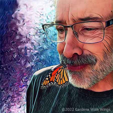 Monarch butterfly on the lips of an older man