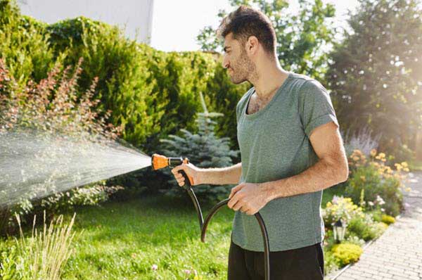 Man in a gray t-shirt waters a garden with a hose sprayer on a sunny day and sprays water over plants.