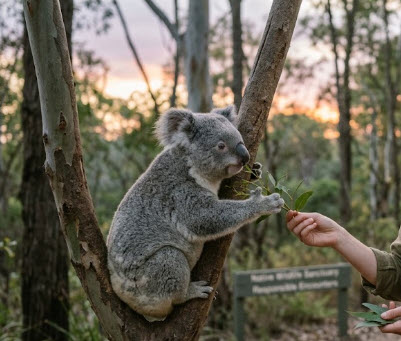 wildlife | Gardens with Wings Koala perched in a tree branches reaching for a leaf offered by a person, with a sunset-lit woodland in the background.