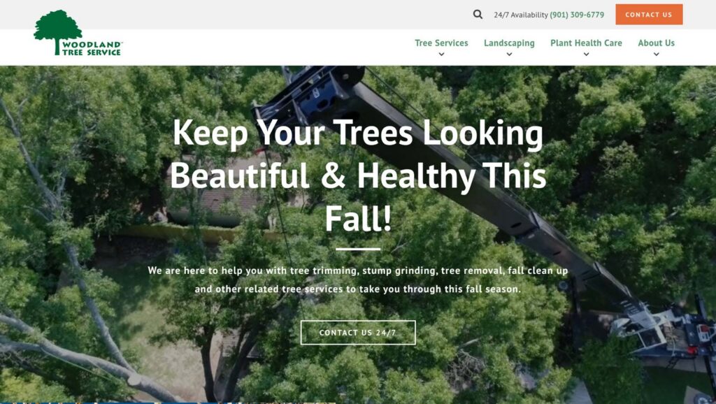 woodland tree service | Gardens with Wings Aerial view of a tree-trimming crane among dense green trees with a bold white slogan:'Keep Your Trees Looking Beautiful & Healthy This Fall!'