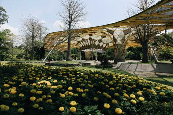 Geometric wooden canopy pavilion in a park, with yellow flower beds in the foreground.